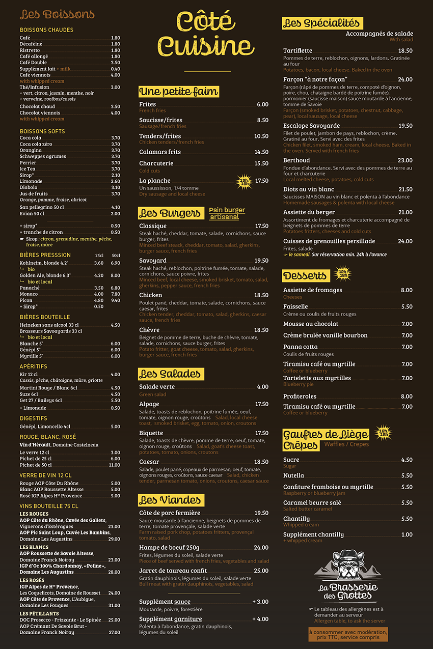 Carte Côte cuisine et boissons